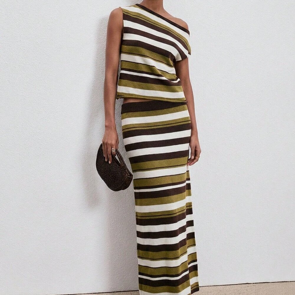 Olive Green Casual Women's Stripe Neckline Top & Skirt 2-Piece Set